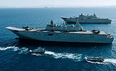 HMAS Adelaide and HMAS Canberra in formation in the Coral Sea June 2019.
